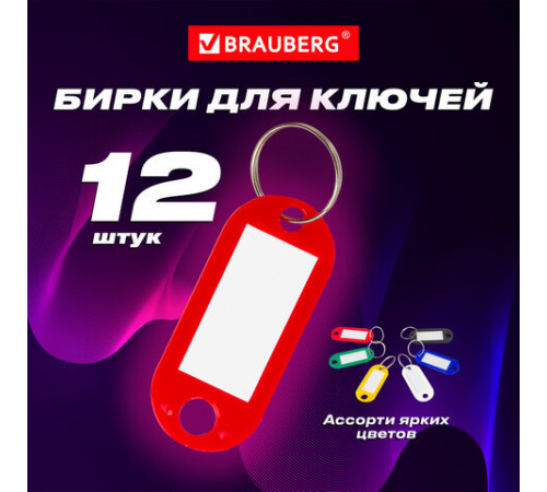 Бирки для ключей КОМПЛЕКТ 12 шт., длина 50 мм, инфо-окно 30х15 мм, АССОРТИ, BRAUBERG, 231151
