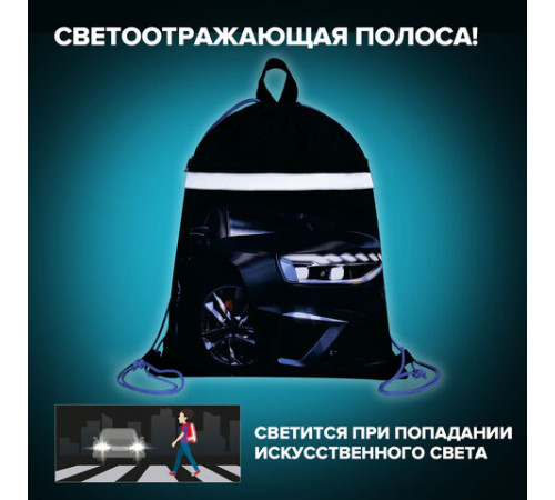 Мешок для обуви BRAUBERG, с петлей, светоотражающая полоса, 2 отделения, 46х36 см, 