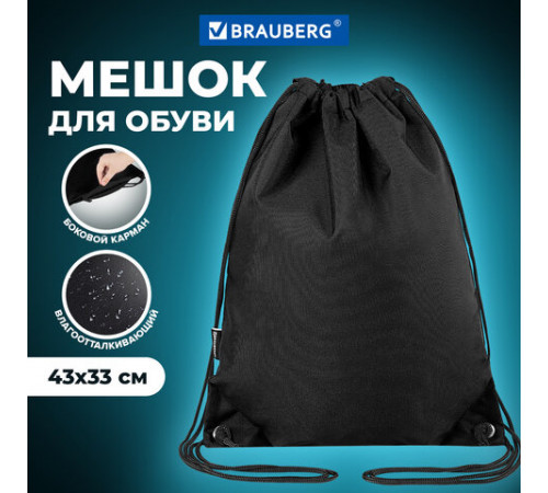 Мешок для обуви BRAUBERG плотный, карман на молнии, подкладка, 43х33 см, 