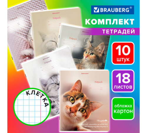 Тетради ДЭК 18 л. КОМПЛЕКТ 10 шт., BRAUBERG, клетка, обложка картон, Котики, 106757