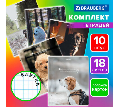 Тетради ДЭК 18 л. КОМПЛЕКТ 10 шт., BRAUBERG, клетка, обложка картон, Щеночки, 106758