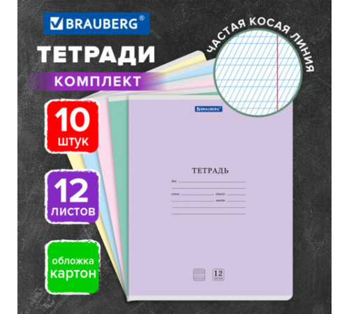 Тетради ДЭК 12 л. КОМПЛЕКТ 10 шт. BRAUBERG КЛАССИКА NEW, частая косая линия, обложка картон, АССОРТИ, 107056