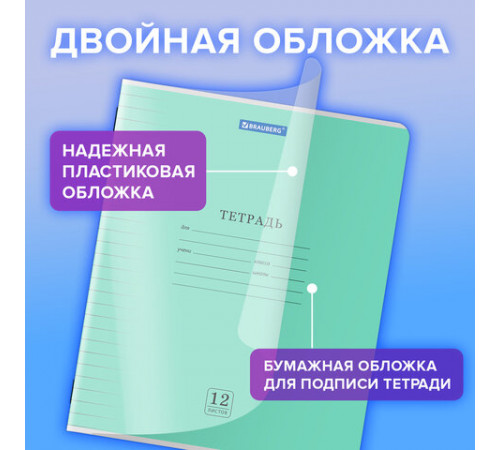 Тетрадь пластиковая обложка (прозрачная) 12 листов, линия, BRAUBERG 
