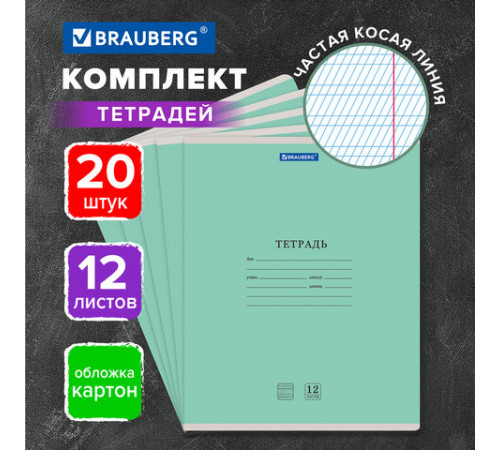 Тетради ДЭК 12 л. КОМПЛЕКТ 20 шт. BRAUBERG КЛАССИКА NEW, частая косая линия, обложка картон, ЗЕЛЕНАЯ, 880055