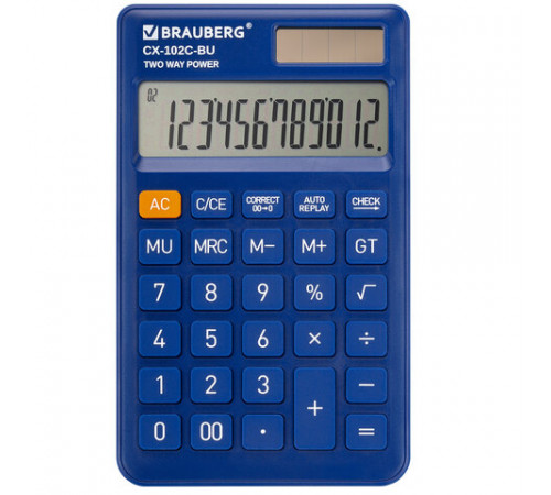 Калькулятор карманный BRAUBERG CX-102C-BU (76x126 мм), 12 разрядов, двойное питание, СИНИЙ, 272648
