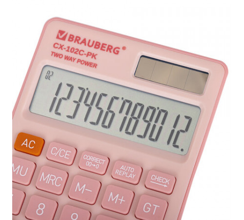 Калькулятор карманный BRAUBERG CX-102C-PK (76x126 мм), 12 разрядов, двойное питание, РОЗОВЫЙ, 272650