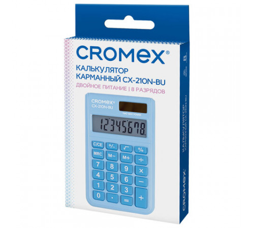 Калькулятор карманный CROMEX (КРОМЕКС) CX-210N-BU (96х62 мм), 8 разрядов, двойное питание, голубой, 273835