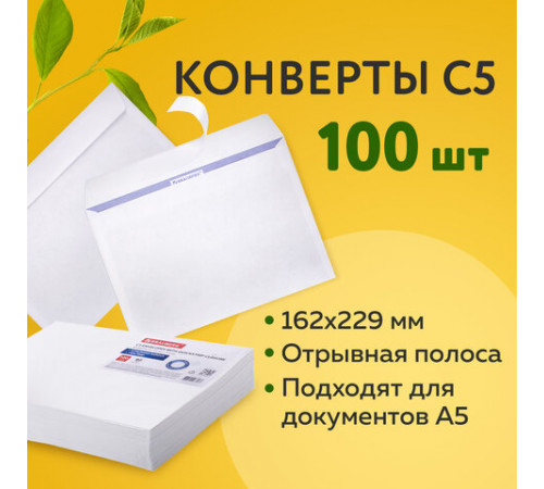 Конверты С5 (162х229 мм), отрывная лента, внутренняя запечатка, 80 г/м2, КОМПЛЕКТ 100 шт., BRAUBERG, 112187
