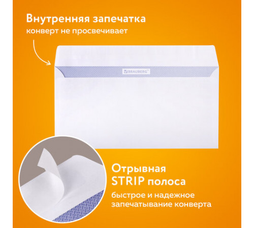 Конверты Е65 (110х220 мм), отрывная лента, 80 г/м2, КОМПЛЕКТ 25 шт., внутренняя запечатка, BRAUBERG, 122449