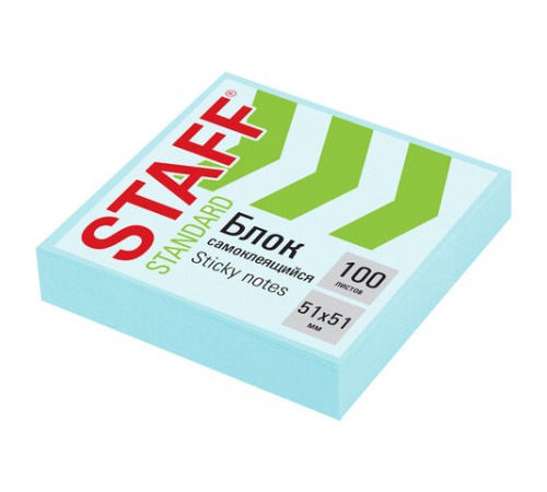 Блок самоклеящийся (стикеры) STAFF STANDARD, ПАСТЕЛЬНЫЙ 51х51 мм, голубой, 100 листов, 116578