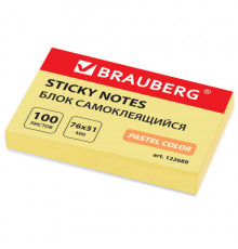 Блок самоклеящийся (стикеры) BRAUBERG, ПАСТЕЛЬНЫЙ, 76х51 мм, 100 листов, желтый, 122689