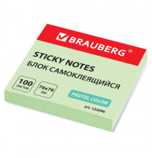Блок самоклеящийся (стикеры) BRAUBERG, ПАСТЕЛЬНЫЙ, 76х76 мм, 100 листов, зеленый, 122696