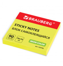 Блок самоклеящийся (стикеры), BRAUBERG, НЕОНОВЫЙ, 76х76 мм, 90 листов, желтый, 122702