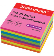 Блок самоклеящийся (стикеры), BRAUBERG, НЕОНОВЫЙ, 76х76 мм, 400 листов, 8 цветов, 126686