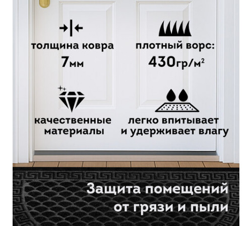 Коврик придверный 60х90 см, ЧЕРНЫЙ, грязезащитный, 430 г/м2, ПОЛУКРУГ, фактурный рисунок ЧЕШУЙКИ, ЛЮБАША, 701051