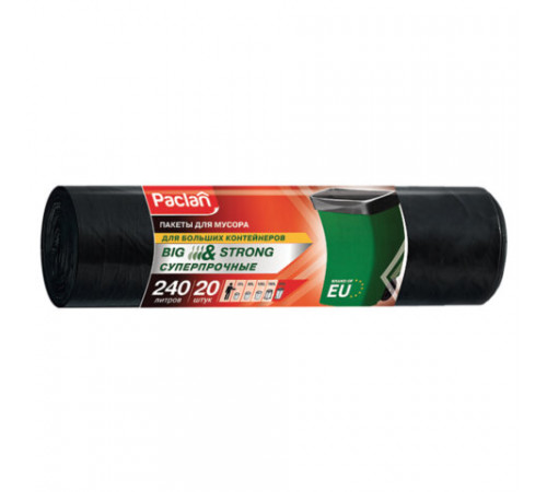 Мешки для мусора 240 л, черные, в рулоне 20 шт., ПВД, 35 мкм, 130х90 см, PACLAN 