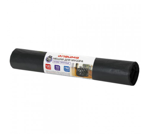 Мешки для мусора 120 л, черные, в рулоне 10 шт., особо прочные, ПВД 40 мкм, 70х110 см, LAIMA, 605341