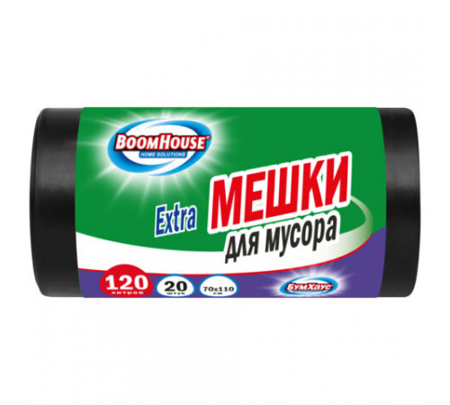Мешки для мусора 120 л, черные в рулоне 20 штук прочные, ПВД 35 мкм, 70x110 см, серия Extra, BOOMHOUSE (БУМХАУС), 702662