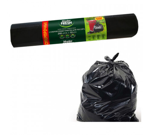 Мешки для мусора 200 л, XXXL, суперпрочные, черные, 34 мкм, 10 шт., MASTER FRESH
