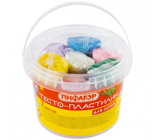 Пластилин на растительной основе (тесто для лепки) ПИФАГОР, 7 цветов, 420 г, пластиковое ведро, 104545