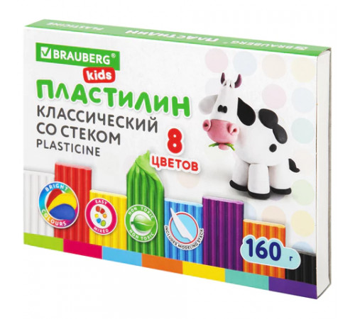 Пластилин классический BRAUBERG KIDS, 8 цветов, 160 г, со стеком, 106501