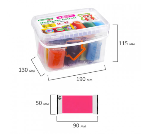 Пластилин-тесто для лепки BRAUBERG KIDS, 12 цветов., 600 г, 6 формочек, 1 скалка, ведерко, 106721