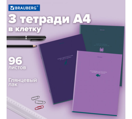 Тетради ДЭК А4 96 л. КОМПЛЕКТ 3 шт. BRAUBERG скоба, клетка, глянцевый лак, 