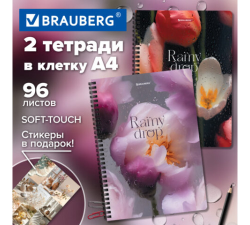 Тетради ДЭК А4 96 л. КОМПЛЕКТ 2 шт., BRAUBERG, гребень, клетка, 80 г/м2, Soft-Touch, 