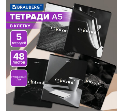 Тетради ДЭК А5 48 л. КОМПЛЕКТ 5 шт. BRAUBERG, скоба, клетка, глянцевый лак, 