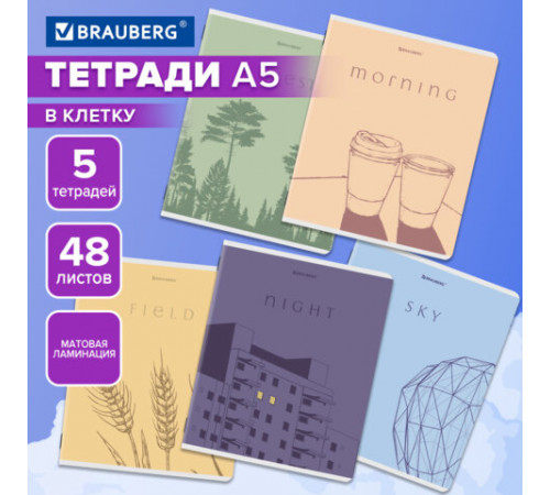 Тетради ДЭК А5 48 л. КОМПЛЕКТ 5 шт. BRAUBERG скоба, клетка, матовая ламинация, СИЛУЭТЫ, 404921