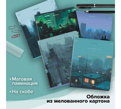 Тетради ДЭК А5 48 л. КОМПЛЕКТ 5 шт. BRAUBERG скоба, клетка, матовая ламинация, КРЫШИ, 404941