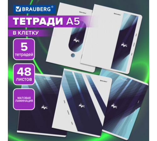 Тетради ДЭК А5 48 л. КОМПЛЕКТ 5 шт. BRAUBERG скоба, клетка, матовая ламинация, ENDLESS, 404952