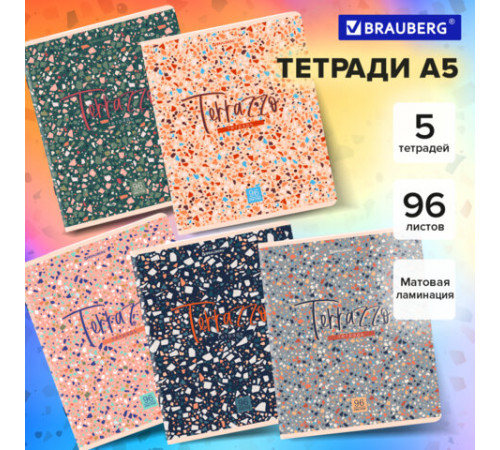 Тетради ДЭК А5 96 л. КОМПЛЕКТ 5 шт., BRAUBERG скоба, клетка, матовая ламинация, 