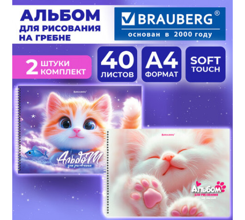 Альбомы для рисования ДЭК, А4, 40 л., КОМПЛЕКТ 2 шт., гребень, Soft-touch, BRAUBERG, 200х290 мм, 