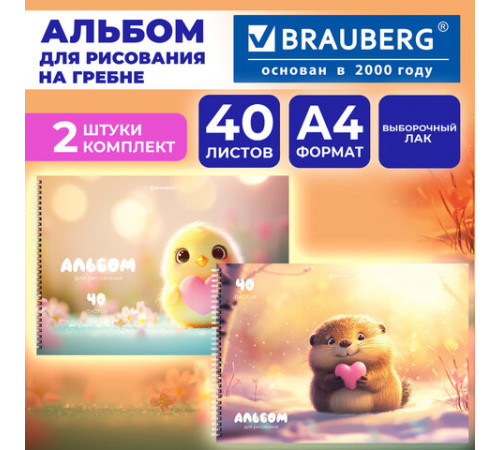 Альбомы для рисования ДЭК, А4, 40 л., КОМПЛЕКТ 2 шт., гребень, выборочный лак, BRAUBERG, 200х290 мм, 