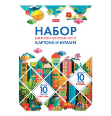 Набор картона и бумаги A4, мелованные 20 л. (10 цветов + 10 цветов) в папке, HATBER, 200х290 мм, 