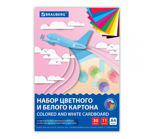 Набор картона БЕЛЫЙ + ЦВЕТНОЙ, A4, немелованный, 30 листов (белый 10 листов + цветной 20 листов, 10 цветов), папка, BRAUBERG, 116422