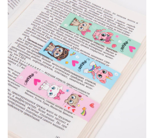 Закладки для книг с магнитом MEOW CATS, набор 6 шт., блестки, 25x196 мм, ЮНЛАНДИЯ, 113442