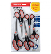 Ножницы BRAUBERG SOFT GRIP НАБОР 5 штук (140, 170, 190, 220, 240 мм), эргономичные черно-красные ручки, ВЫГОДНАЯ УПАКОВКА, 238410