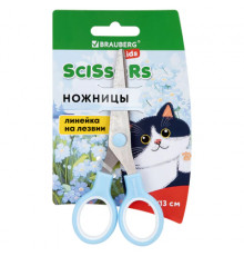 Ножницы BRAUBERG KIDS 130 мм, ручки небесно-голубые, закругленные лезвия с линейкой, 274060