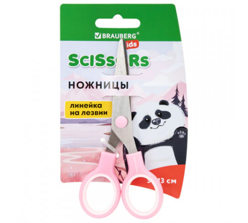 Ножницы BRAUBERG KIDS 130 мм, ручки розовые, закругленные лезвия с линейкой, 274063
