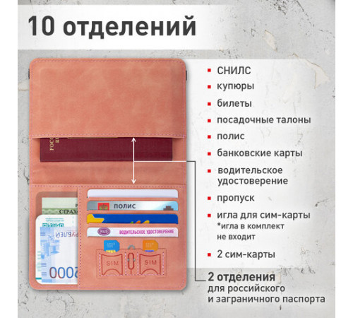 Обложка для паспорта и документов с защитой НАБОР 2 шт., 9 карманов, резинка, экокожа, темно-голубая/розовая, BRAUBERG, 238764