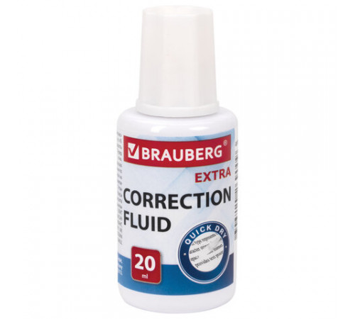 Корректирующая жидкость BRAUBERG EXTRA быстросохнущая, 20 мл, с кисточкой, 229397