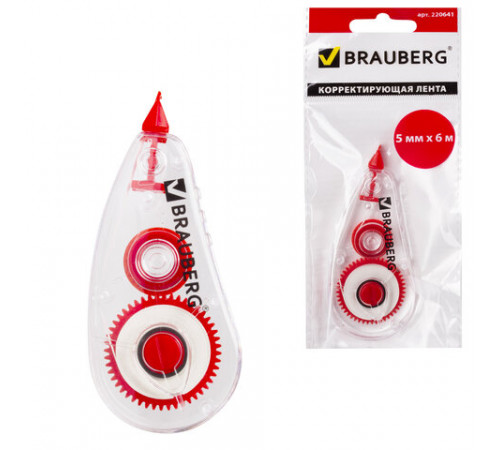 Корректирующая лента BRAUBERG RED POWER, 5 мм х 6 м, корпус прозрачный, механизм перемотки, европодвес, 220641