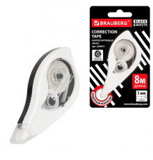 Корректирующая лента BRAUBERG BLACK&WHITE, 5 мм х 8 м, корпус белый, механизм перемотки, блистер, 226813