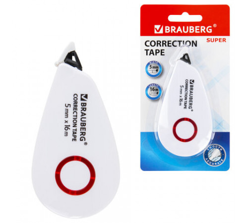 Корректирующая лента BRAUBERG SUPER, 5 мм х 16 м, корпус белый, блистер, 229061