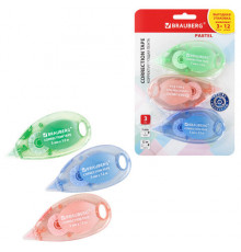 Корректирующая лента BRAUBERG PASTEL, 5 мм x 12 м, механизм перемотки, ВЫГОДНАЯ УПАКОВКА 3 штуки в блистере, 271252