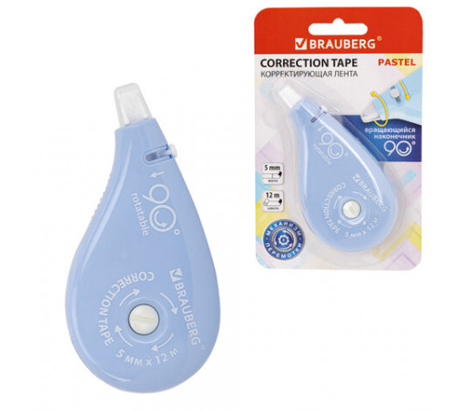 Корректирующая лента BRAUBERG PASTEL 5 мм х 12 м, вращающийся наконечник 90°, механизм перемотки, корпус голубой, блистер, 272488