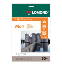 Фотобумага матовая, A4, 90 г/м2, односторонняя, 100 листов, LOMOND, 0102001
