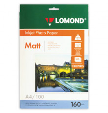 Фотобумага матовая, А4, 160 г/м2, односторонняя, 100 листов, LOMOND, 0102005